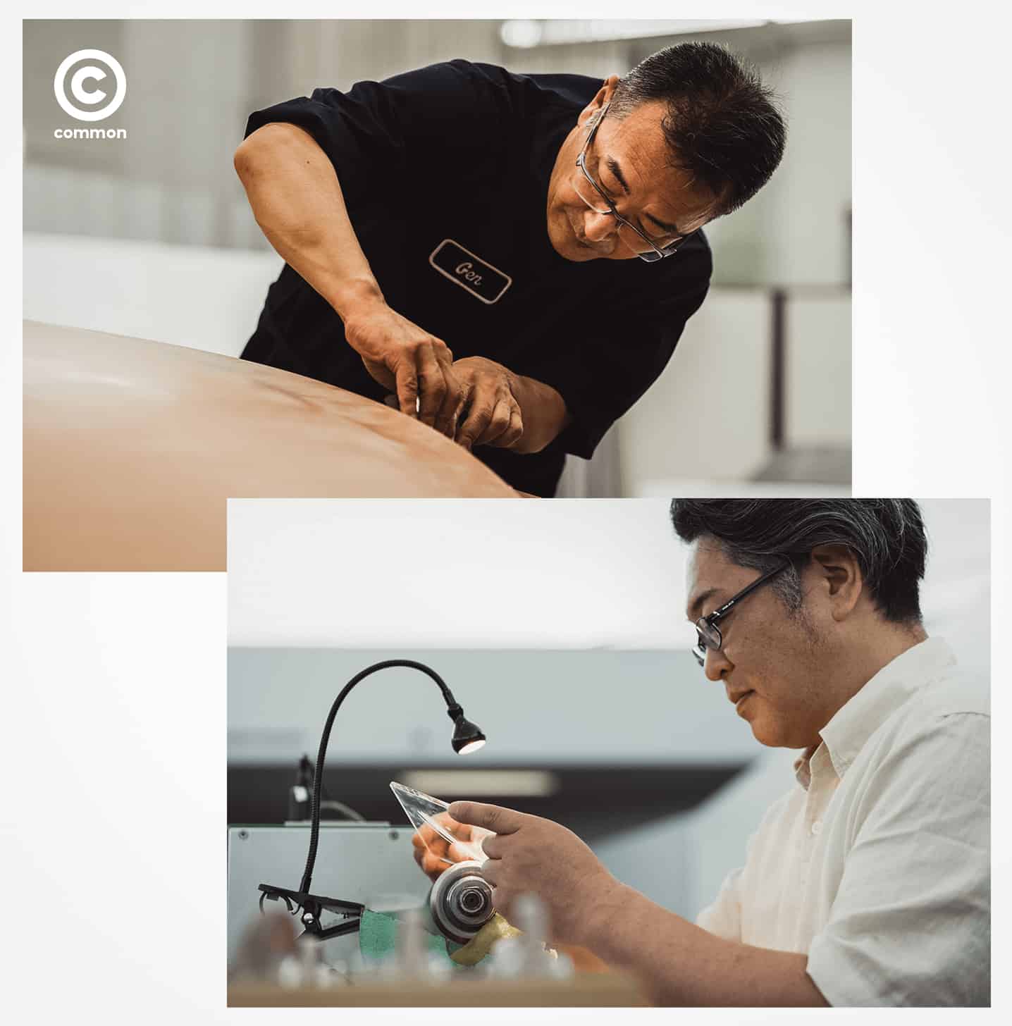คุณโยชิทากะ ยามาโมโตะ นักปั้นโมเดลรถ (Clay Modeling) ผู้ขึ้นแบบ LC 500 และคุณโยชิยาสึ นากามุระ เจ้าของผลงานแก้วคิริโกะ ที่ใช้ประดับบริเวณแผงประตูในรถยนต์ LS 500h 